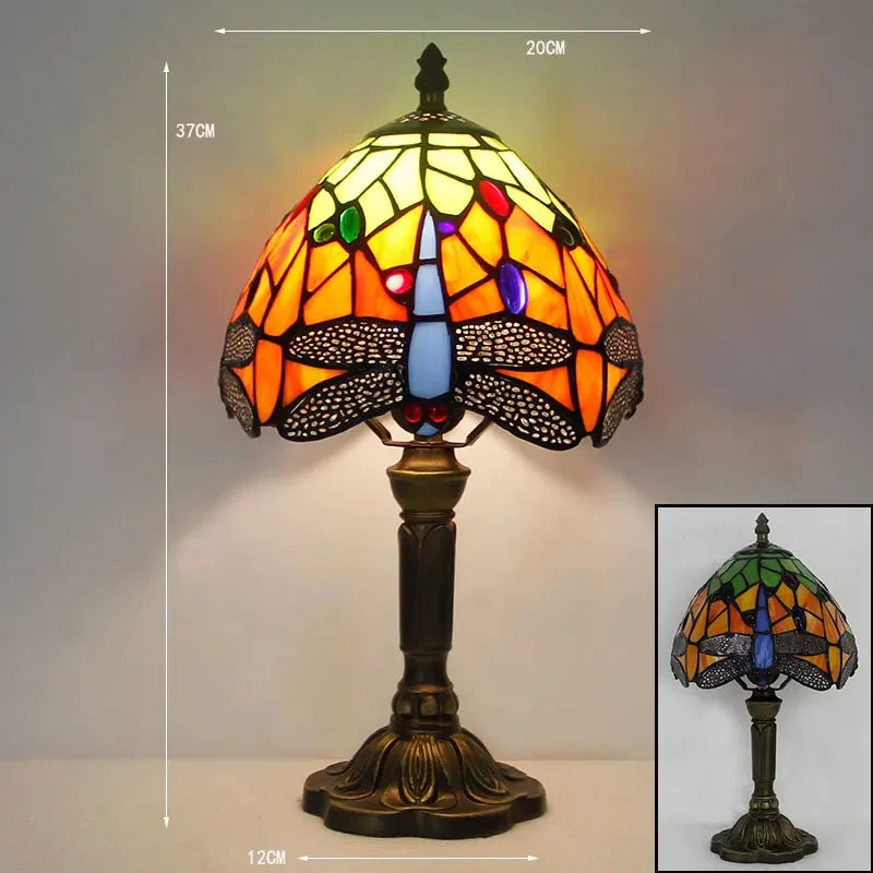 Retro Dragonfly Tiffany Style Lamp – Colourful Stained Glass & Iron Base Accent Light