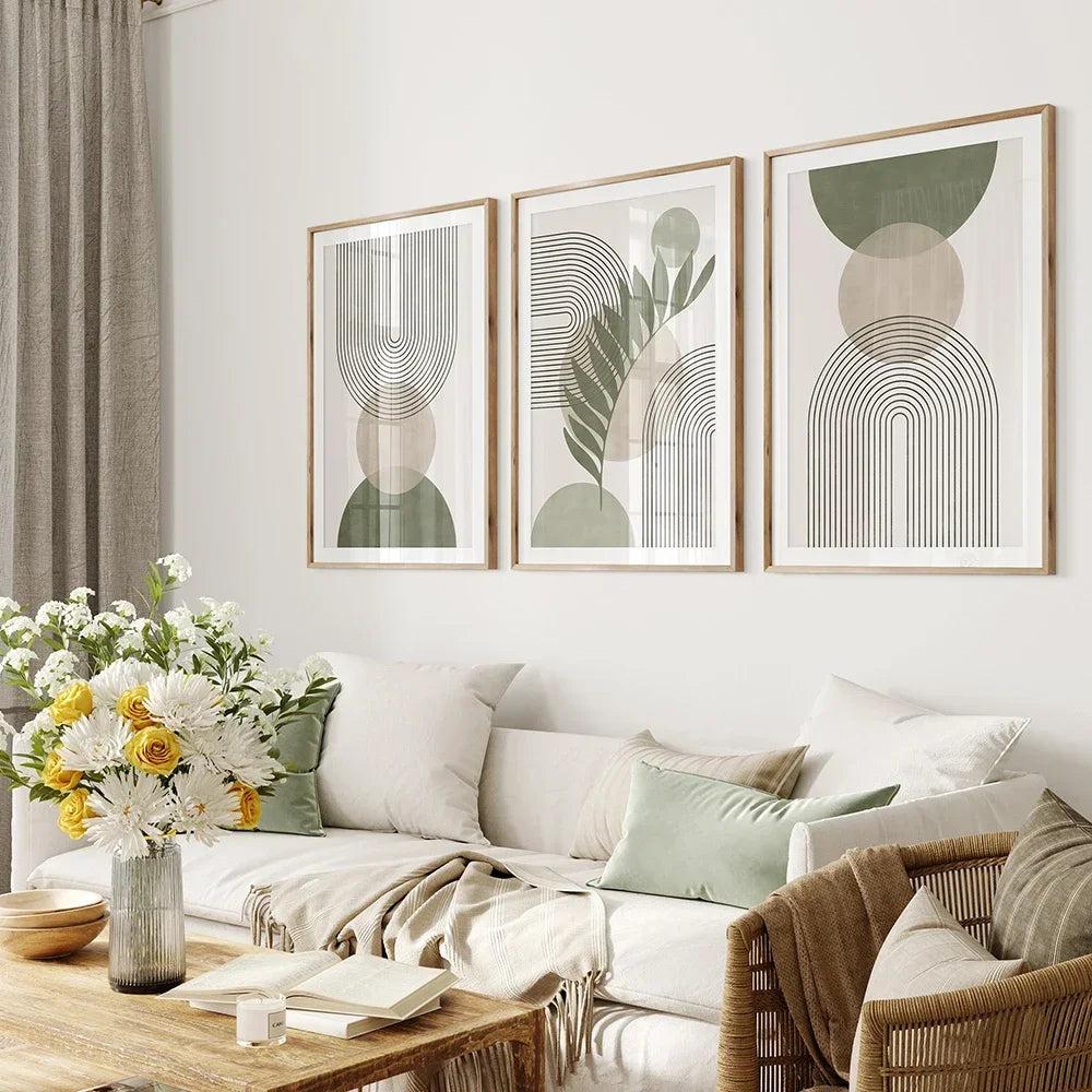 Sage Green Botanical Wall Art Set – 3 Minimalist Canvas Prints for a Calming, Nordic Vibe