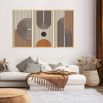 Set of 3 Abstract Geometric Wooden Wall Art – Modern Hollow Panel Decor Trio
