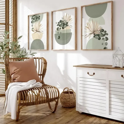 Pastel Botanical Wall Art Set – Light Green & Tan Leaf Trio for Calm Interiors - 3 Canvas Set