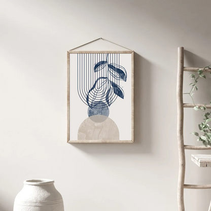 Geometric Leaf Line Art Trio – Blue & Beige Minimalist Canvas Set - 3 Canvas Set