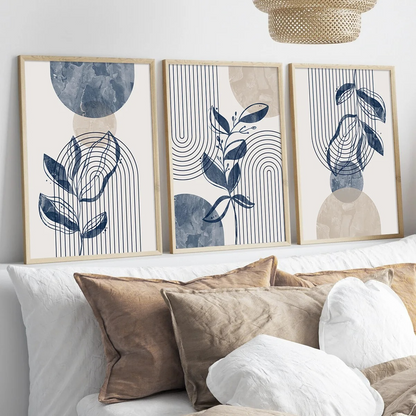 Geometric Leaf Line Art Trio – Blue & Beige Minimalist Canvas Set - 3 Canvas Set