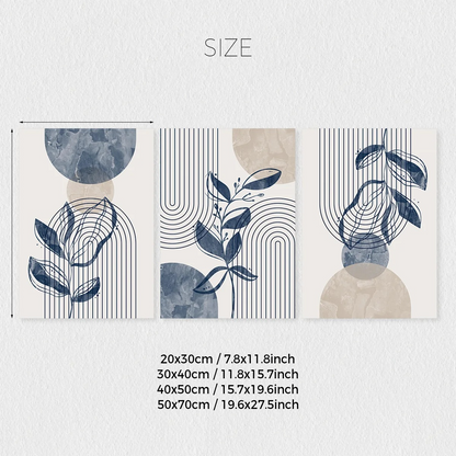 Geometric Leaf Line Art Trio – Blue & Beige Minimalist Canvas Set - 3 Canvas Set