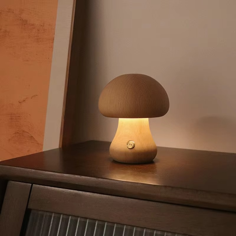 Wooden Mushroom Night Light – Soft Glow Bedside Lamp with Natural Style