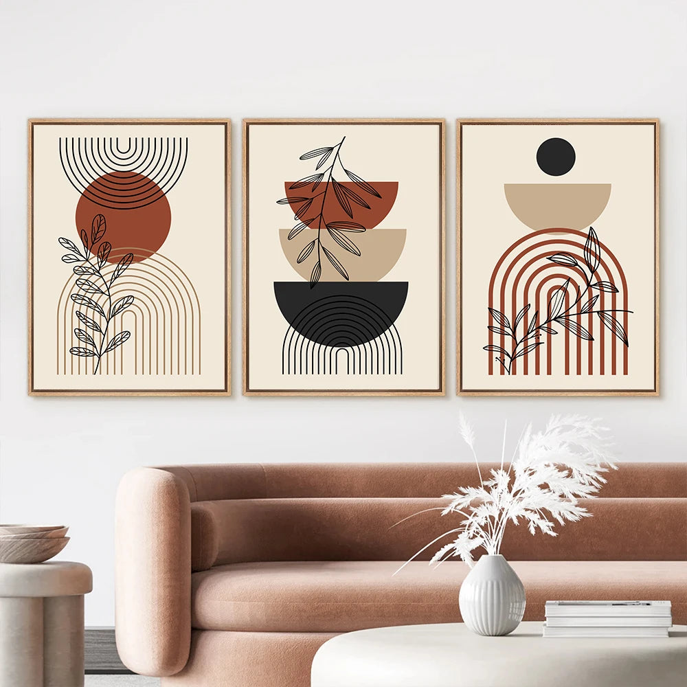 Modern Boho Wall Decor Set – Mid Century Style Canvas Prints in Warm Earth Tones