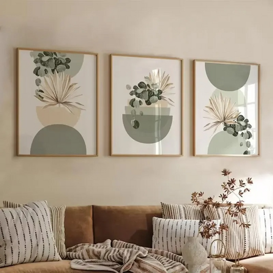 Pastel Botanical Wall Art Set – Light Green & Tan Leaf Trio for Calm Interiors - 3 Canvas Set