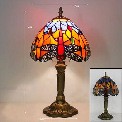 Retro Dragonfly Tiffany Style Lamp – Colourful Stained Glass & Iron Base Accent Light