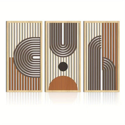 Set of 3 Abstract Geometric Wooden Wall Art – Modern Hollow Panel Decor Trio