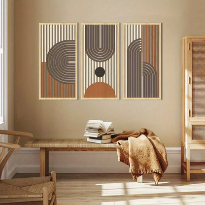 Set of 3 Abstract Geometric Wooden Wall Art – Modern Hollow Panel Decor Trio