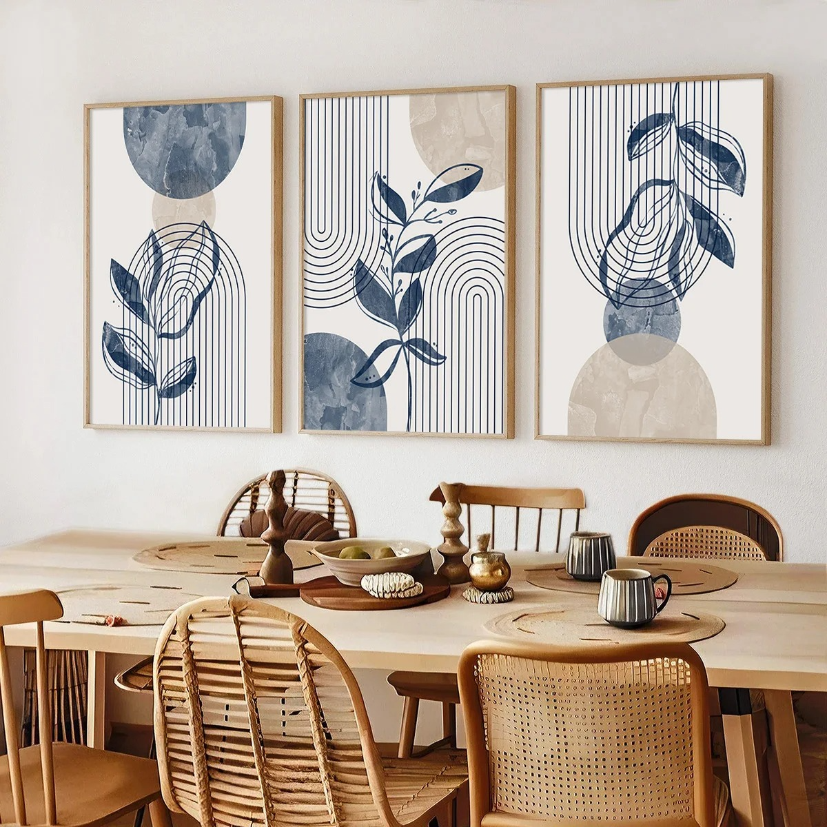 Geometric Leaf Line Art Trio – Blue & Beige Minimalist Canvas Set - 3 Canvas Set