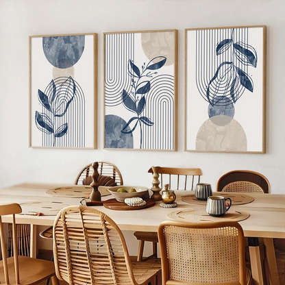 Geometric Leaf Line Art Trio – Blue & Beige Minimalist Canvas Set - 3 Canvas Set
