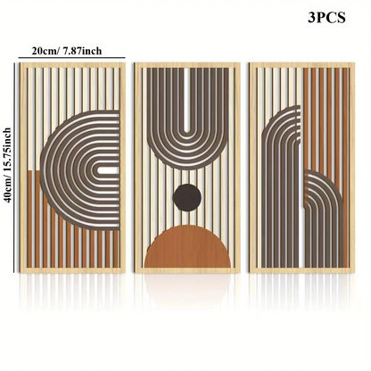 Set of 3 Abstract Geometric Wooden Wall Art – Modern Hollow Panel Decor Trio
