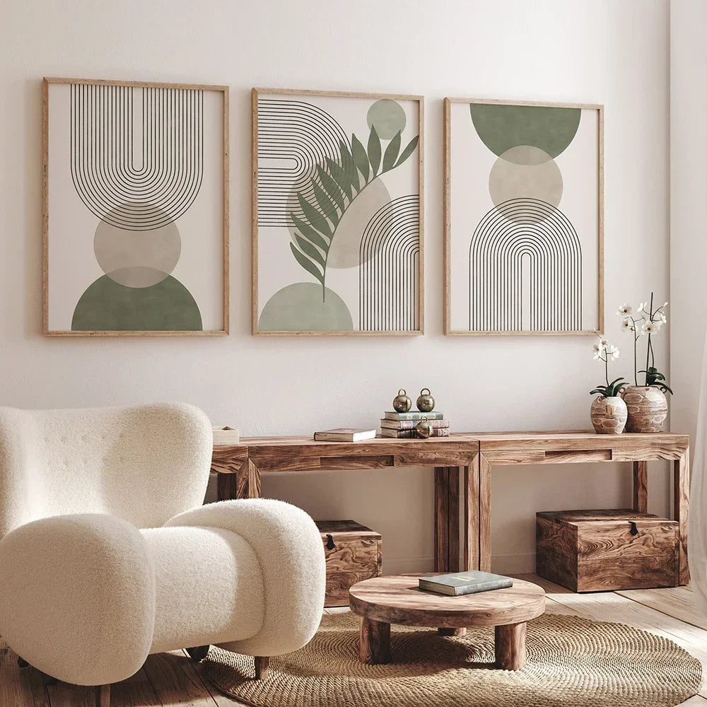 Sage Green Botanical Wall Art Set – 3 Minimalist Canvas Prints for a Calming, Nordic Vibe