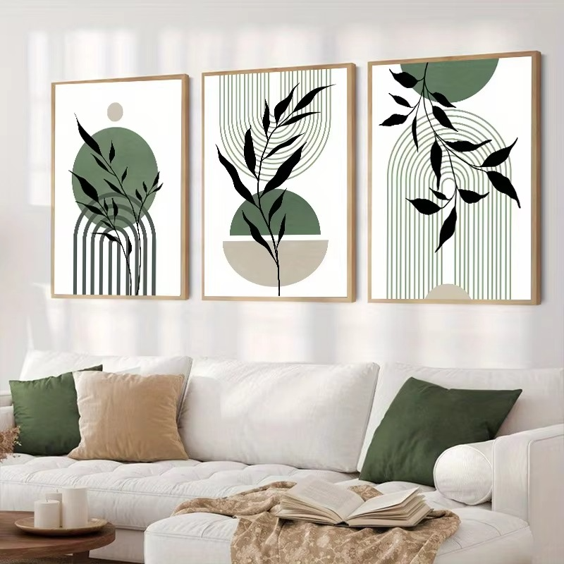 Abstract Leaf & Line Wall Art Trio – Sage Green Modern Boho Prints - 3 Canvas Set