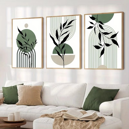 Abstract Leaf & Line Wall Art Trio – Sage Green Modern Boho Prints - 3 Canvas Set