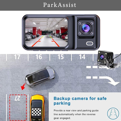 Full Coverage Dash Cam System – Triple Camera, Night Mode, Parking Monitor & WiFi