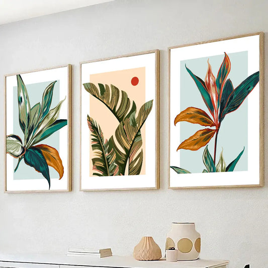 Colourful Tropical Leaves Canvas Wall Art – 3-Piece Botanical Print Set