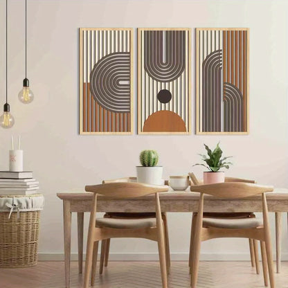 Set of 3 Abstract Geometric Wooden Wall Art – Modern Hollow Panel Decor Trio