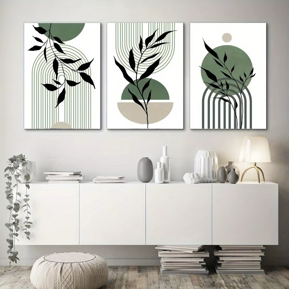 Abstract Leaf & Line Wall Art Trio – Sage Green Modern Boho Prints - 3 Canvas Set
