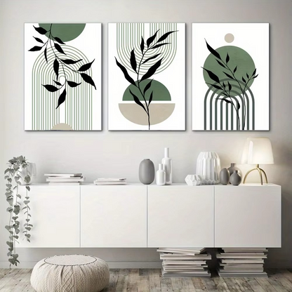 Abstract Leaf & Line Wall Art Trio – Sage Green Modern Boho Prints - 3 Canvas Set