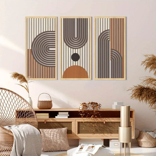 Set of 3 Abstract Geometric Wooden Wall Art – Modern Hollow Panel Decor Trio