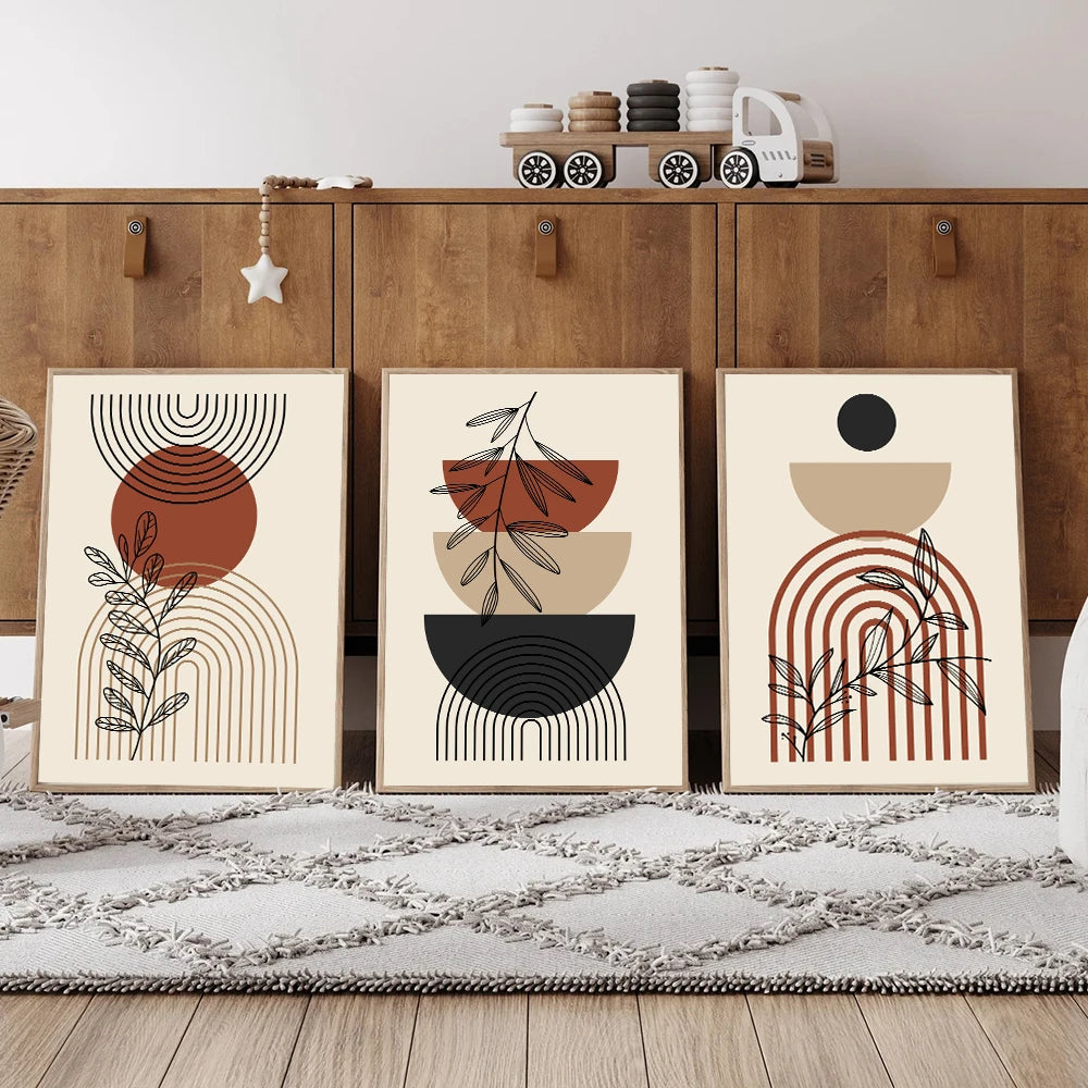 Modern Boho Wall Decor Set – Mid Century Style Canvas Prints in Warm Earth Tones