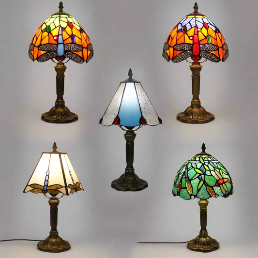 Retro Dragonfly Tiffany Style Lamp – Colourful Stained Glass & Iron Base Accent Light